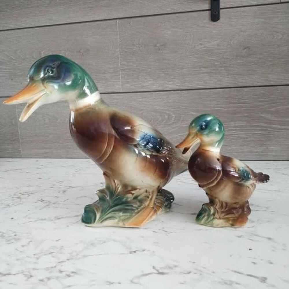 Vintage Royal Copley Ceramic Mama Mallard Duck & Baby Figure Man Cave Cottage